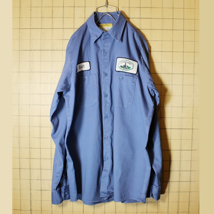 USA製 UniFirst コットン100% ワークシャツ 長袖 ワッペン メンズM ブルー OYSTER CREEK アウトドア 古着 021319ss59