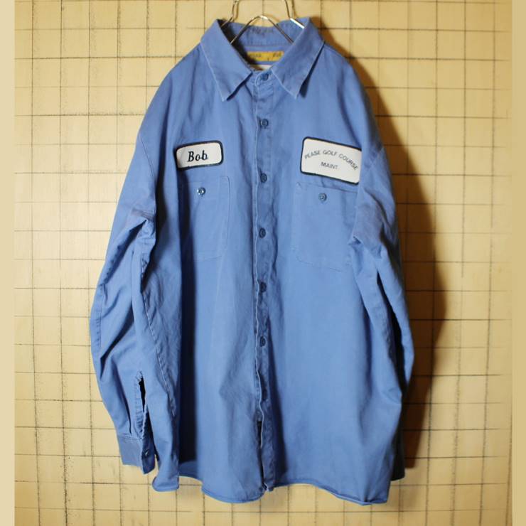 USA製 UniFirst コットン100% ワークシャツ 長袖 ワッペン メンズXLブルー PEASE GOLF COURSE アウトドア 古着 021319ss60