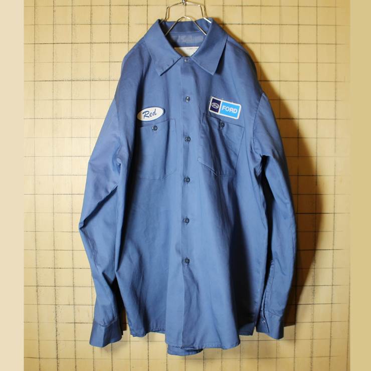 USA製 FORD コットン100% ワークシャツ 長袖 ワッペン メンズL ブルー フォード アウトドア 古着 021319ss61