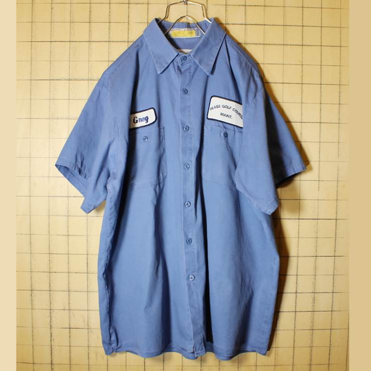 USA製 UniFirst コットン100% ワークシャツ 半袖 ワッペン メンズXL ブルー PEASE GOLF COURSE アウトドア 古着 021319ss66