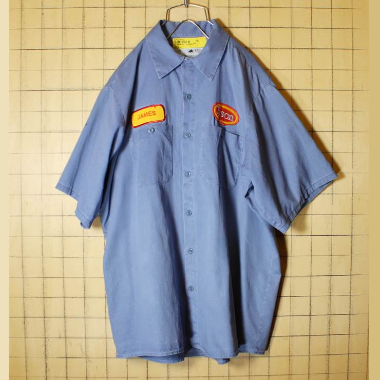 USA製 REDKAP レッドキャップ コットン100% ワークシャツ 半袖 ワッペン メンズL ブルー Tyson アウトドア 古着 021319ss67