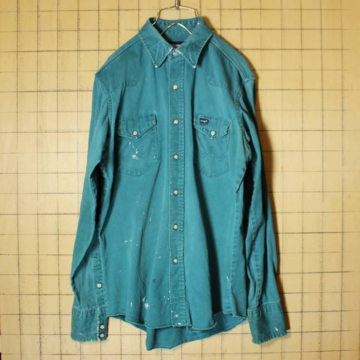 80s USA製 Wrangler ラングラー 古着 ウエスタン コットン シャツ 長袖 グリーン メンズM相当 ペンキ跡