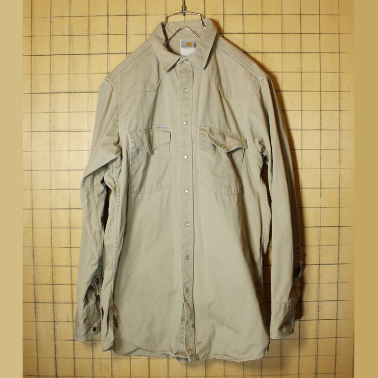 80s 90s カーハート carhartt チノクロス ウエスタン ワークシャツ 長袖 メンズL相当 アウトドア 古着