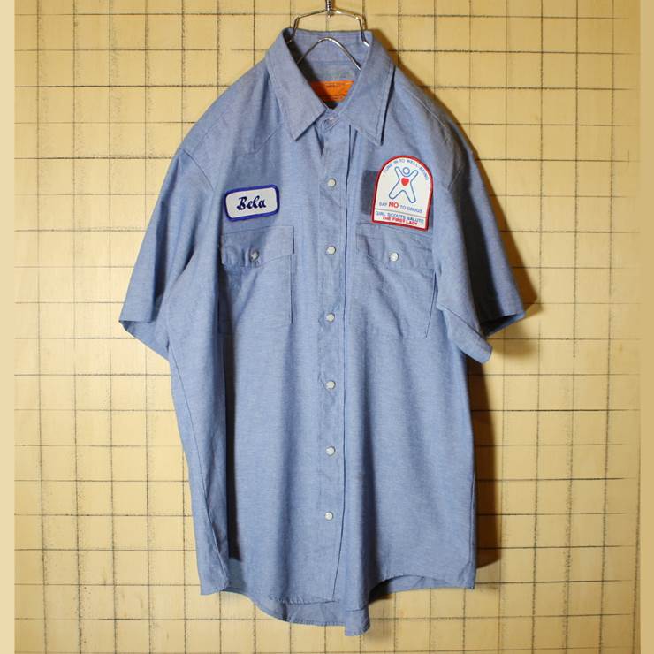 USA製 REDKAP レッドキャップ シャンブレー ワークシャツ 半袖 ワッペン メンズL ブルー アウトドア 古着 021319ss77