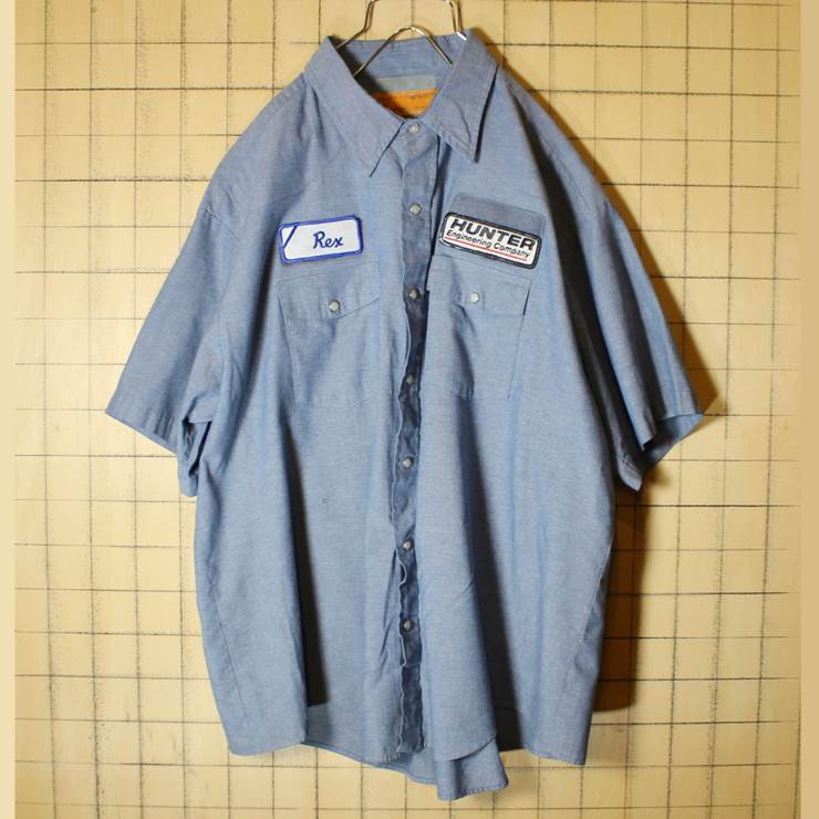 USA製 REDKAP レッドキャップ シャンブレー ワークシャツ 半袖 HUNTER ワッペン メンズXXL ビッグサイズ ブルー 古着 021319ss81
