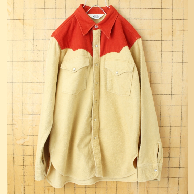 70s 80s USA Woolrich コットン シャモアクロス シャツ ボルドー イエロー レッド メンズL 長袖 アメリカ古着