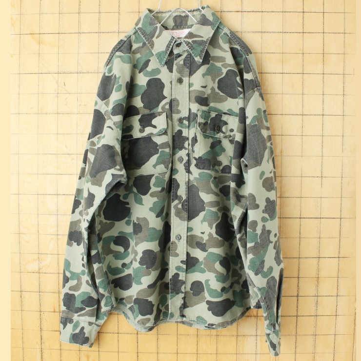 ビッグサイズ 70s 80s USA製 FIVE BROTHER × JIM CATFISH HUNTER ダックハンターカモ シャモアクロス シャツ カーキ メンズXL 長袖 ハンティング 迷彩 アメリカ古着