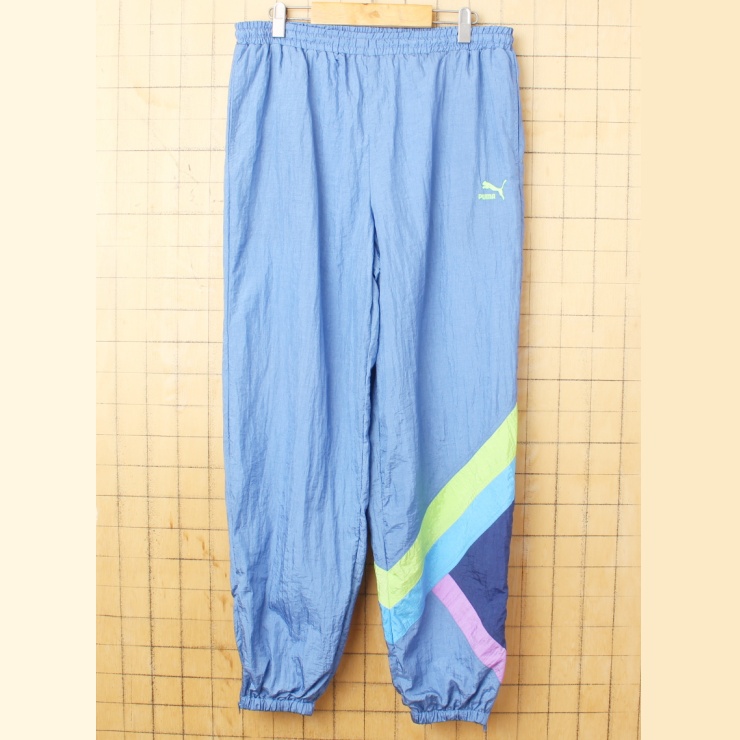 80s 90s EURO PUMA プーマ ナイロン トラック パンツ メンズXL ライトブルー ヨーロッパ古着