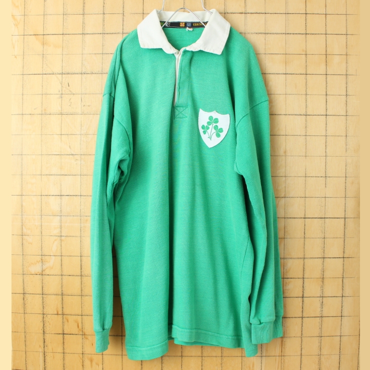 80s アイルランド製 CONNOLLY 長袖 ラガーシャツ グリーン メンズM ラグビー ヨーロッパ古着