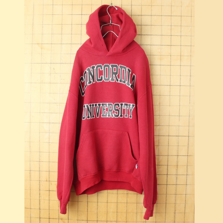 90s USA RUSSELL ATHLETIC CONCORDIA UNIVERSITY プリント スウェット パーカー ボルドー レッド メンズM フーディー アメリカ古着