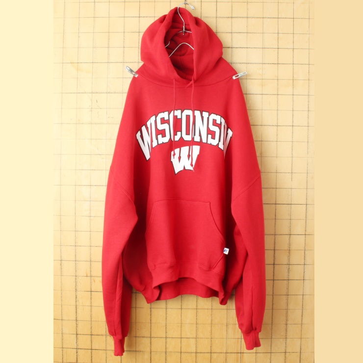 ビッグサイズ 90s 00s USA RUSSELL ATHLETIC WISCONSIN プリント スウェット パーカー レッド メンズXXL フーディー アメリカ古着