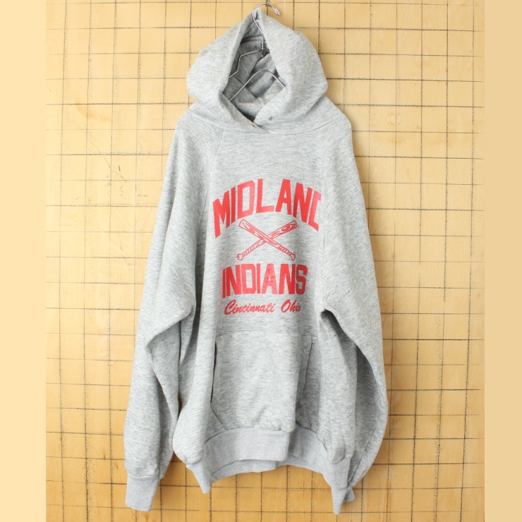 70s 80s USA MIDLAND INDIANS プリント スウェット パーカー グレー メンズL相当 フーディー アメリカ古着