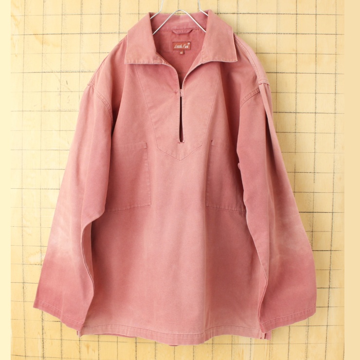 80s 90s EURO Little Fish フィッシャーマン スモック プルオーバー シャツ メンズL相当 レッド ヨーロッパ古着