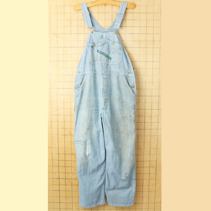 80s 90s USA Key Imperial ヘリンボーンツイルオーバーオール W39相当 ボタンフライ ブルー アメリカ古着