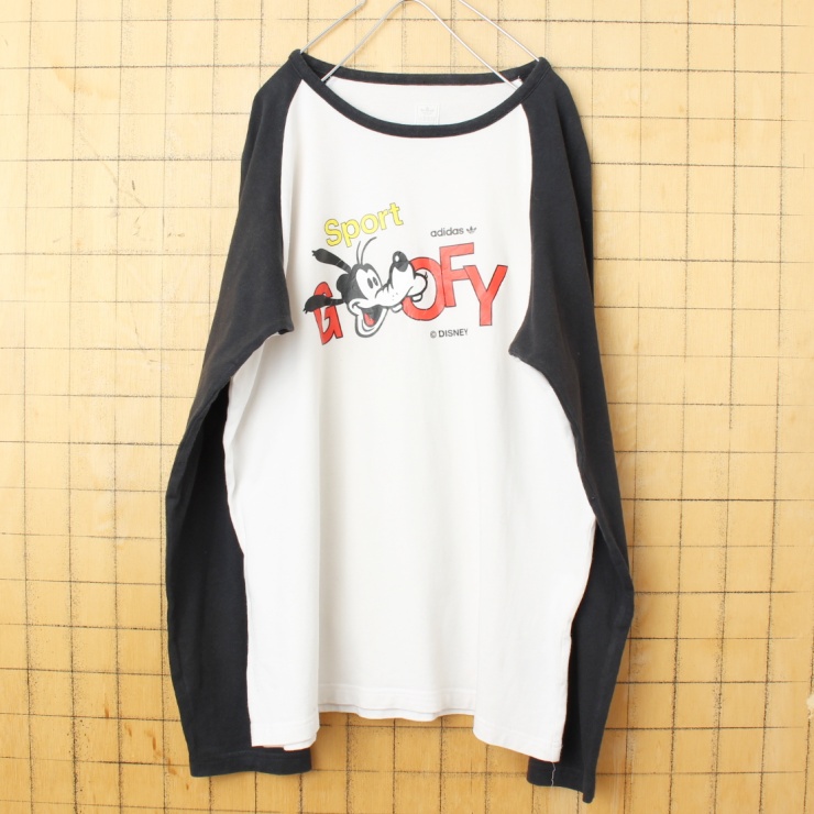 adidas アディダス DISNEY GOOFY 両面プリント ラグラン Tシャツ ブラック ホワイト メンズM ベースボール アメリカ古着