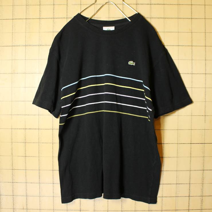 フレンチラコステ Lacoste Tシャツ ブラック ボーダー ワンポイント 半袖 メンズSM相当 古着