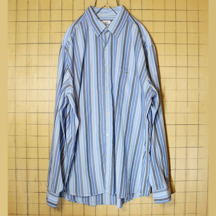 ビッグサイズ フランス企画 フレンチラコステ Lacoste 長袖 ストライプ シャツ ブルー メンズXL相当 ヨーロッパ古着