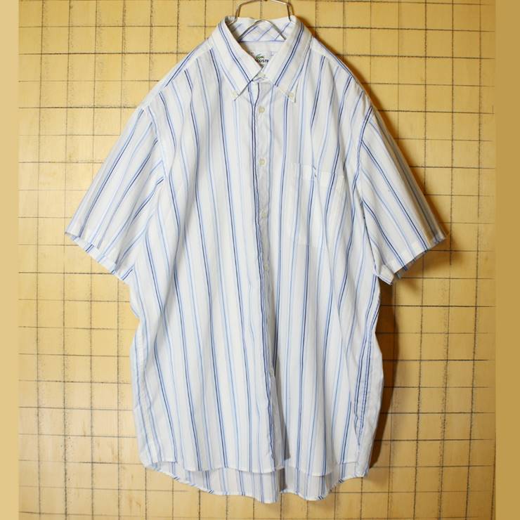 フレンチラコステ Lacoste 半袖 ボタンダウン ストライプ シャツ ブルー ホワイト メンズL相当 古着