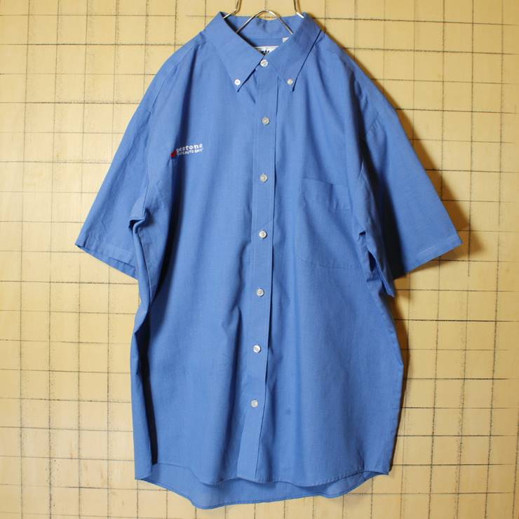 Firestone ファイヤーストーン ワーク ボタンダウン シャツ 半袖 刺繍 メンズM ブルー 青 CiNTAS ワンポイント 古着 022620ss93