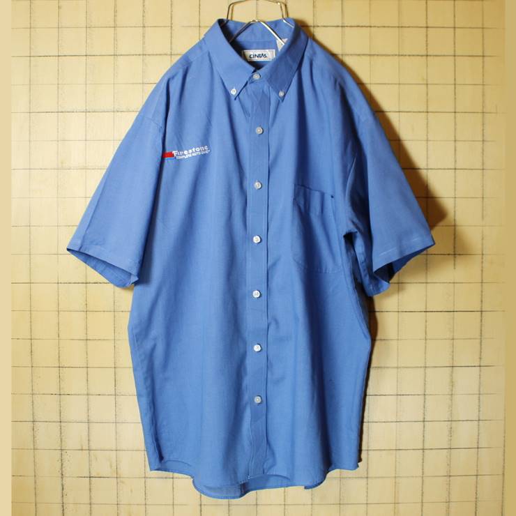 Firestone ファイヤーストーン ワーク ボタンダウン シャツ 半袖 刺繍 メンズM ブルー 青 CiNTAS ワンポイント 古着 022620ss95