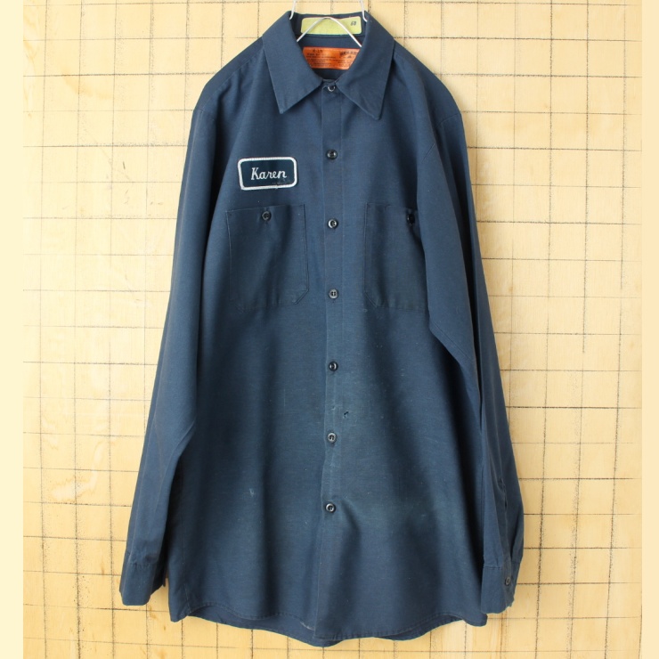 90s 00s USA RED KAP レッドキャップ ワーク シャツ ネイビー ブルー メンズM 長袖 ワッペン アメリカ古着
