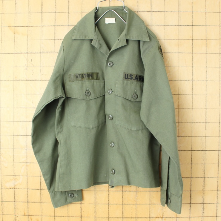 70s 80s U.S.ARMY OG-507 ユーティリティ リメイク シャツ メンズSM相当 ミリタリー ワッペン アメリカ古着