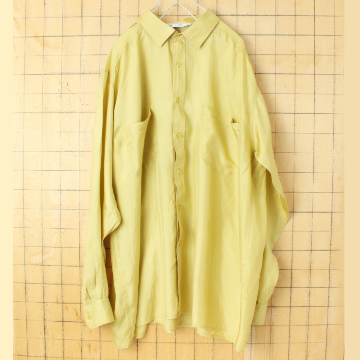 70s 80s EURO C&A 長袖 シルク シャツ イエロー メンズL ヨーロッパ古着
