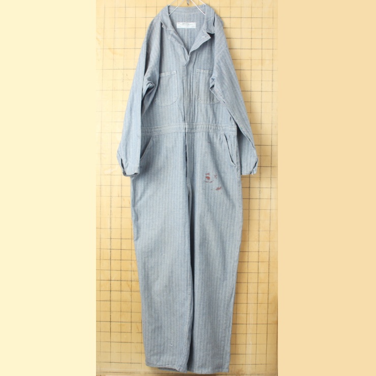 80s Work Wear ヘリンボーンコットンツイル ワーク オールインワン W48 グレー つなぎ アメリカ古着