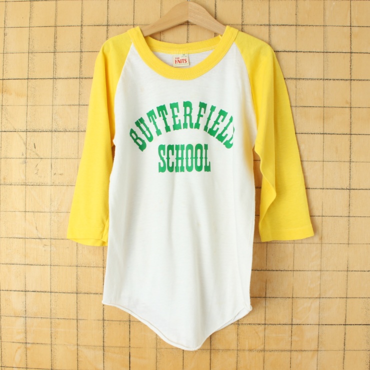 70s 80s USA製 THE KNiTS キッズ ラグラン Tシャツ 140cm相当 イエロー ホワイト アメリカ古着