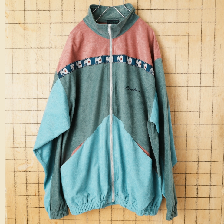 90s 00s イタリア製 Blu Stone ベロアトラックジャケット ジップアップジャージ ブルー ピンク メンズXL ヨーロッパ古着