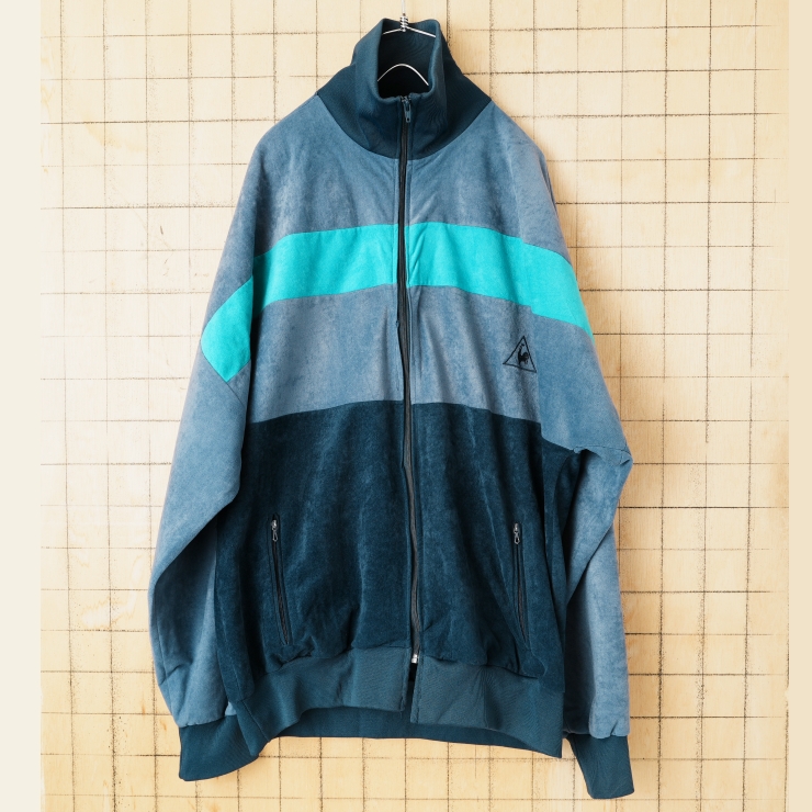 70s 80s EURO LE COQ SPORTIF ルコックスポルティフ ベロアトラックジャケット ジップアップジャージ メンズL相当 ネイビー ヨーロッパ古着