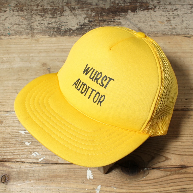 80s 90s USA MADHATTER WURST AUDITOR プリント メッシュ トラッカー キャップ 帽子 イエロー フリーサイズ アメリカ古着