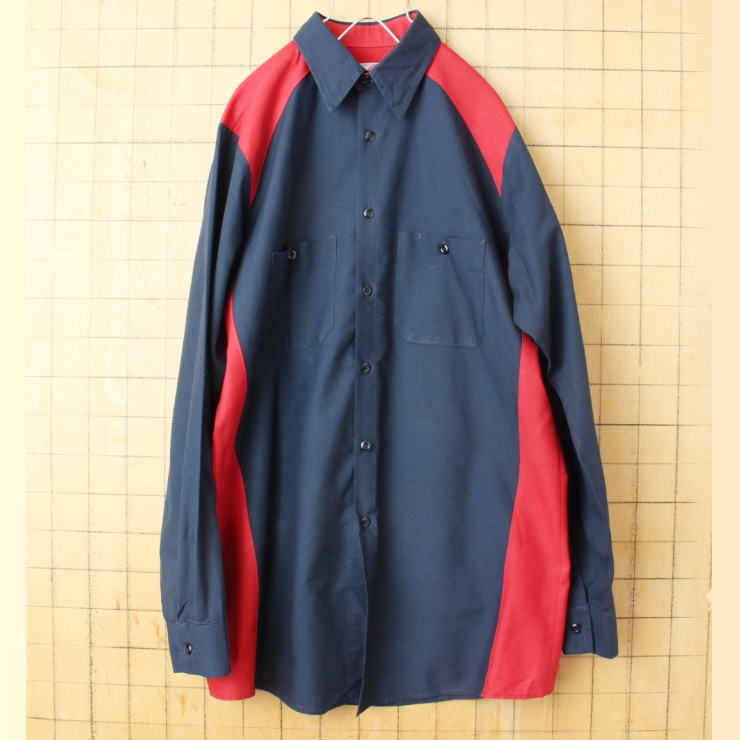 80s 90s USA RED KAP レッドキャップ ワーク シャツ ネイビー レッド ブルー メンズM 長袖 アメリカ古着