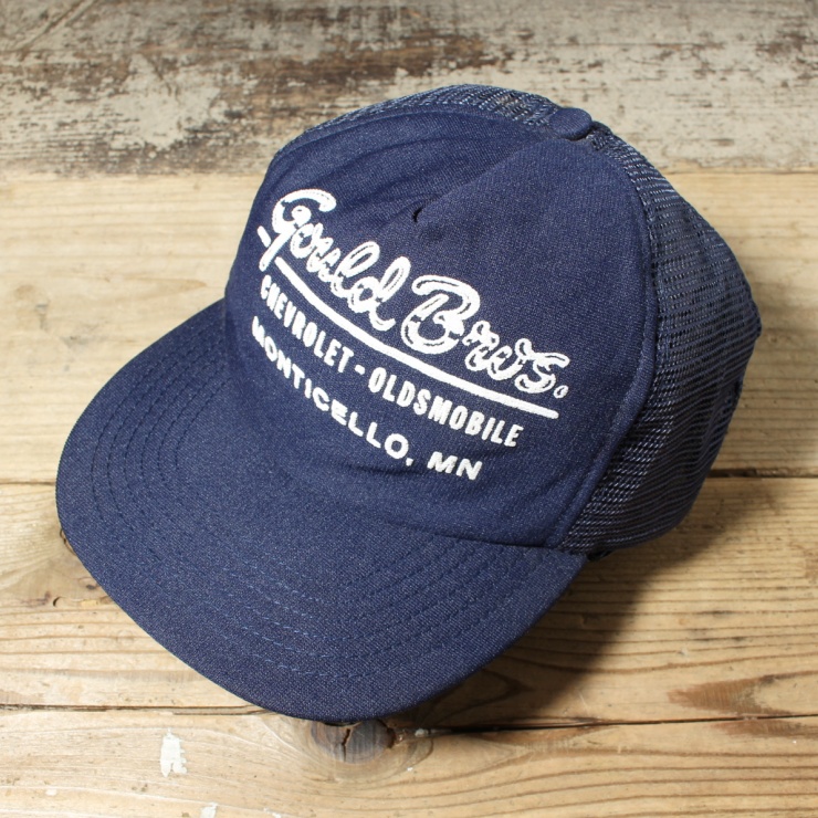 80s 90s USA製 Gould Bros CHEVROLET プリント メッシュ トラッカー キャップ 帽子 ネイビー ブルー フリーサイズ アメリカ古着