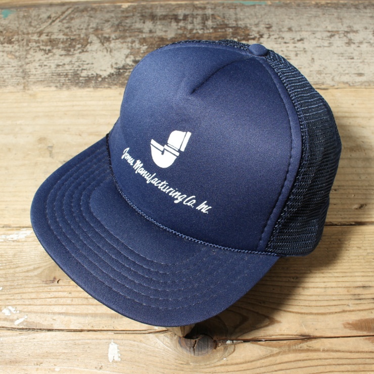 80s 90s USA Jones Manufacturing プリント メッシュ トラッカー キャップ 帽子 ネイビー ブルー フリーサイズ アメリカ古着
