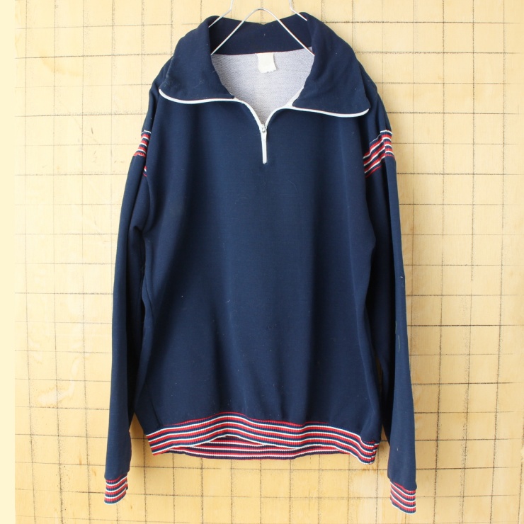 70s 80s EURO プルオーバー ジャージ トップ ネイビー メンズML相当 ユーロ ヨーロッパ古着