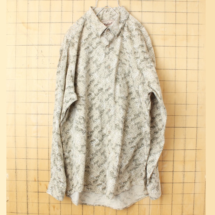 90s 00s USA Woolrich ウールリッチ アニマル 総柄 ボタンダウン シャツ ベージュ メンズL 長袖 アメリカ古着