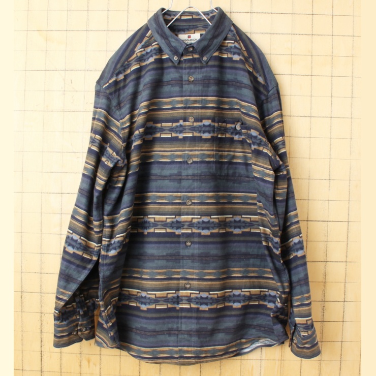 90s 00s USA Woolrich ウールリッチ ネイティブ柄 シャモアクロス ボタンダウン シャツ ネイビー メンズL 長袖 アメリカ古着