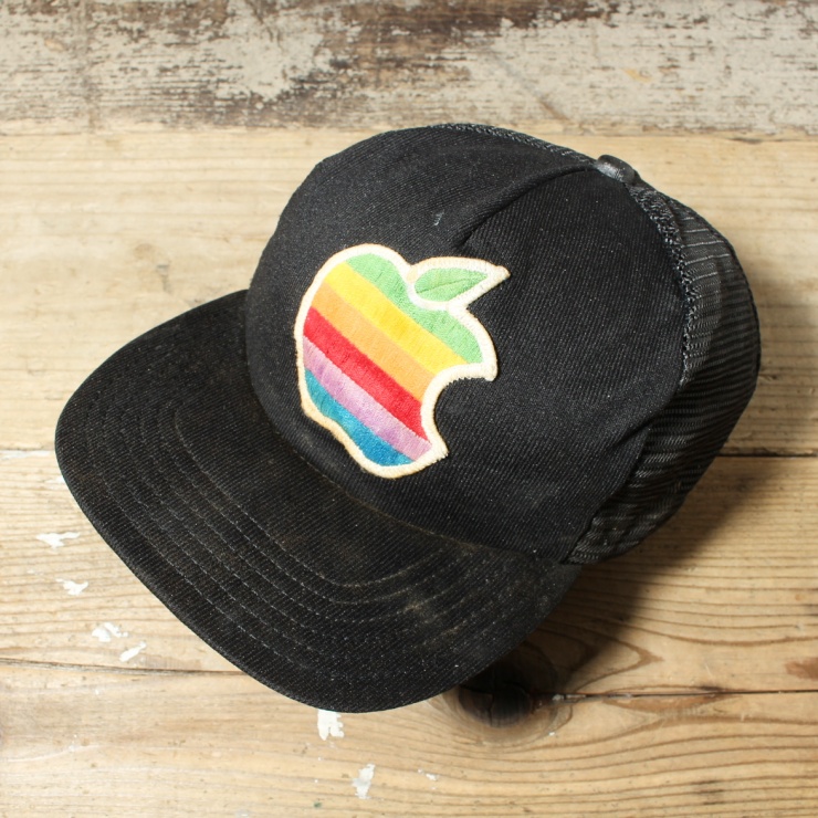 80s USA製 Apple ロゴ メッシュ トラッカー キャップ 帽子 ブラック フリーサイズ Macintosh マック アメリカ古着