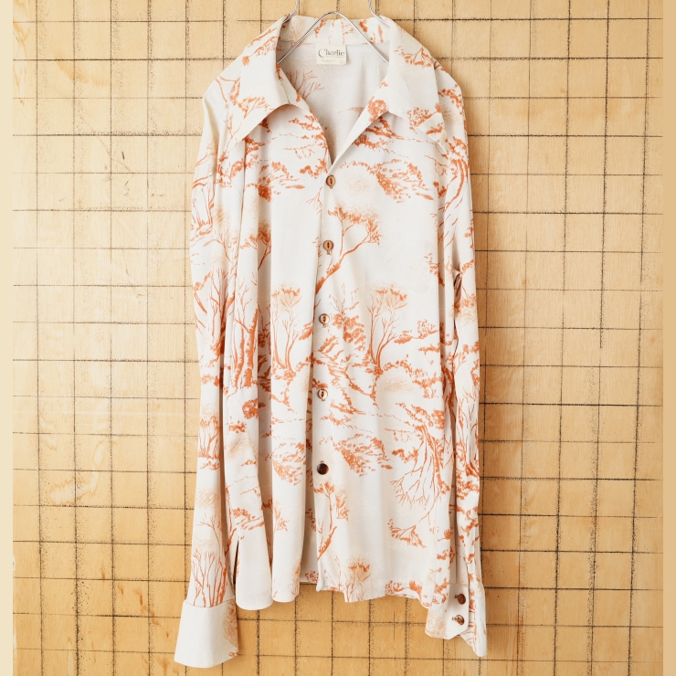 70s 80s USA Charlie of CALIFORNIA 総柄ポリエステルシャツ ホワイト メンズL 長袖 アメリカ古着