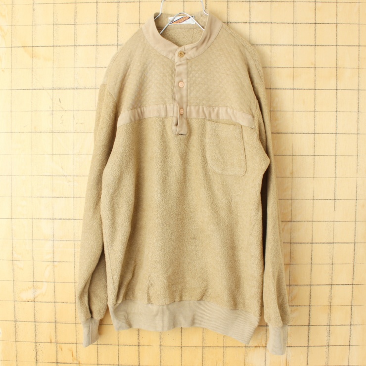 70s 80s USA seagod パイル地 ハイネック 長袖 Tシャツ ベージュ メンズXL ロンT ビーチ オールドサーフ アメリカ古着