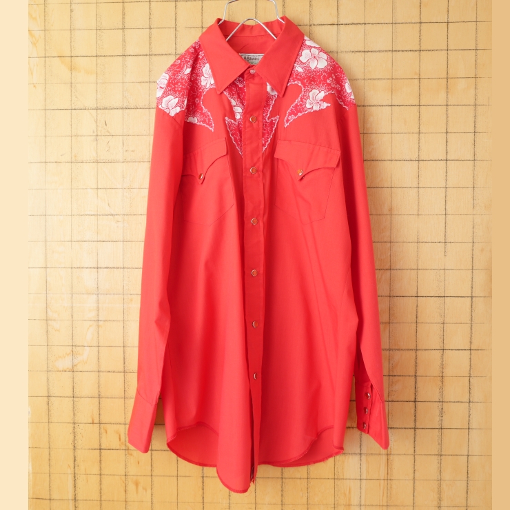 70s USA製 HBARC エイチバーシー 花柄ウエスタンシャツ レッド メンズM相当 長袖 ライトフランネル アメリカ古着