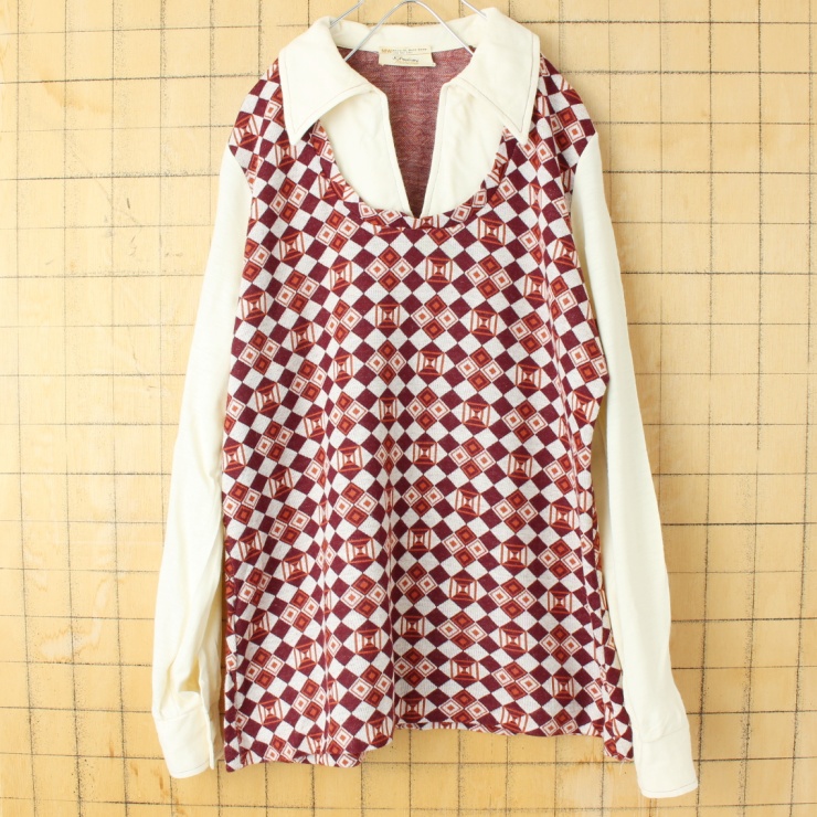 70s 80s USA JCPenney 総柄 ニット 長袖ポロシャツ メンズM相当 パープル アメリカ古着