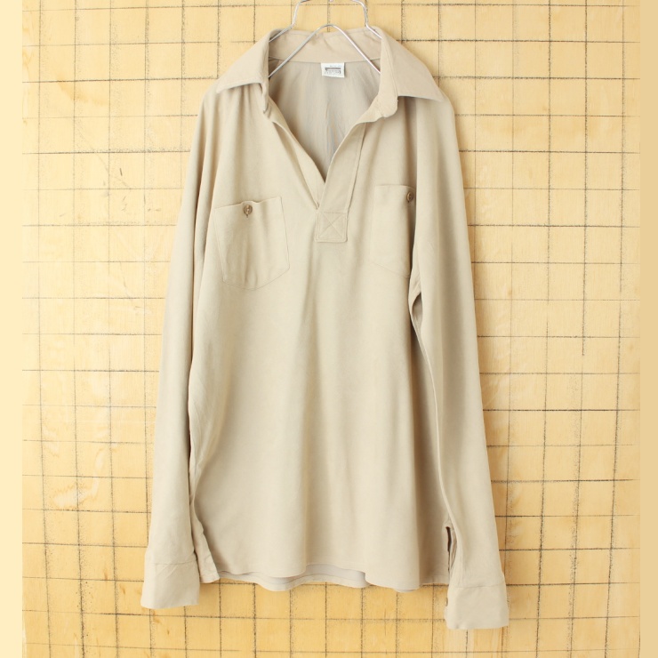 70s 80s USA MONTGOMERY WARD ベロア 長袖ポロシャツ メンズM ベージュ オープンカラー アメリカ古着