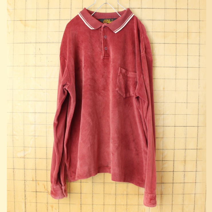 70s 80s USA GOLD STANDARD ベロア 長袖ポロシャツ メンズL レッド アメリカ古着