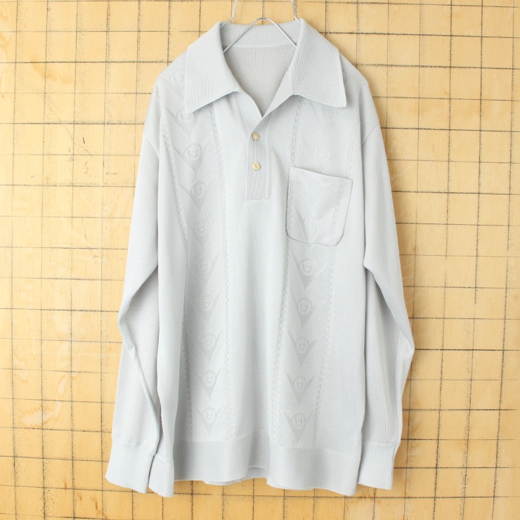 70s 80s USA DUNLOP ダンロップ ポリエステル 長袖ポロシャツ メンズM相当 グレー 無地 アメリカ古着