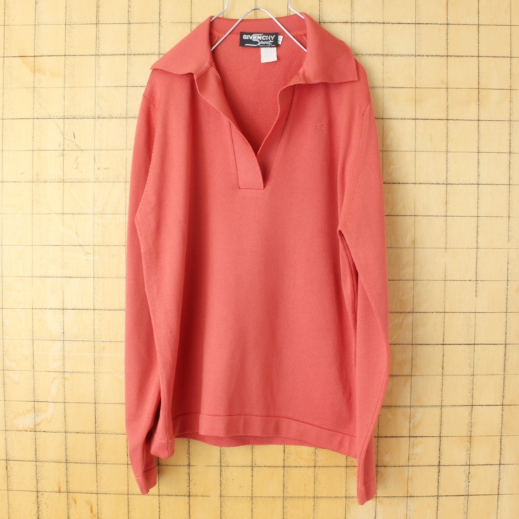 70s 80s USA GIVENCHY Sport ポリニット 長袖ポロシャツ メンズS相当 スモークピンク 無地 アメリカ古着