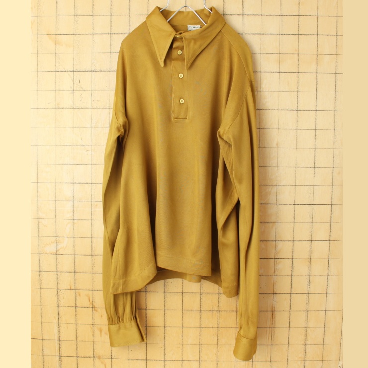 60s 70s USA Sy Amber ポリニット 長袖ポロシャツ メンズM ゴールド 無地 金 アメリカ古着