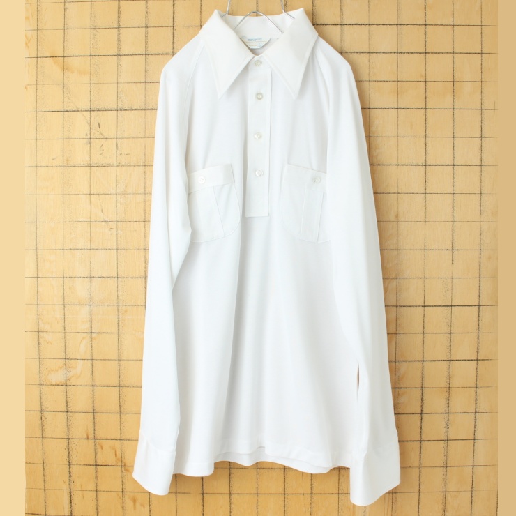 70s 80s USA JCPenney 長袖ポロシャツ メンズL ホワイト アメリカ古着