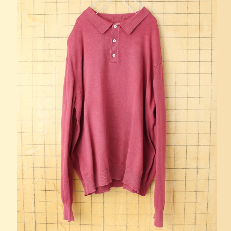 70s 80s USA製 BROOKS BROTHERS 長袖 ポロシャツ レッド メンズXL アメリカ古着